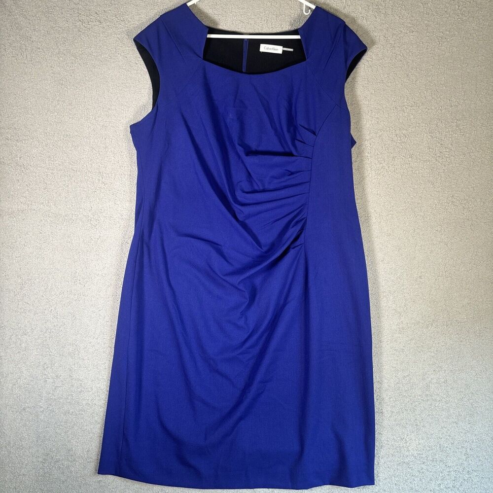 Calvin Klein Women’s No Size Tag Lined Blue Sleeveless Sheath Dress Ruched Front